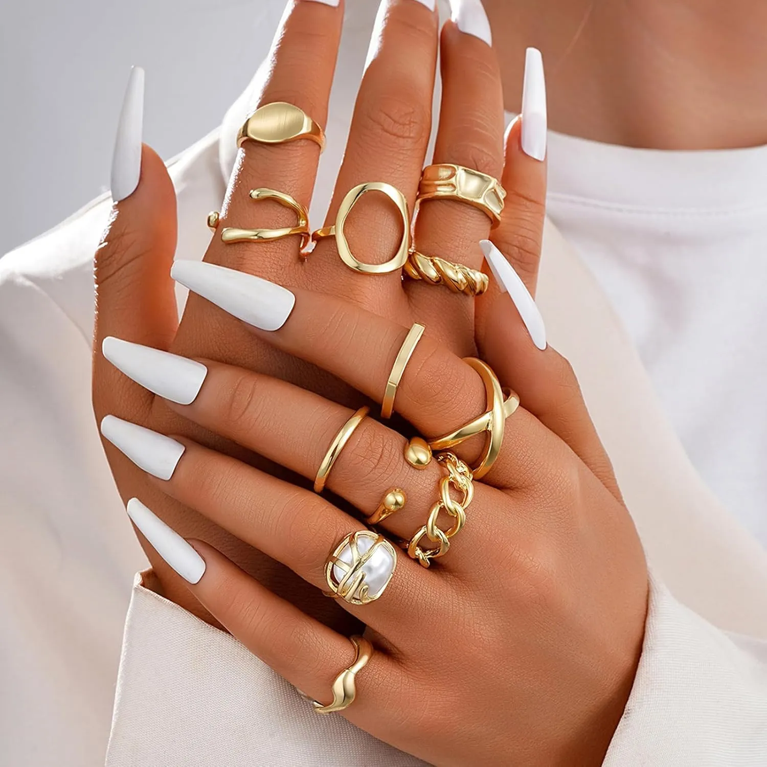 Chunky Gold Rings for Women Non Tarnish Statement Stackable Rings Set Adjustable Boho Pearl Flower Gemstone Joint Finger Midi Knuckle Ring Pack Jewelry Gifts Trendy Stuff