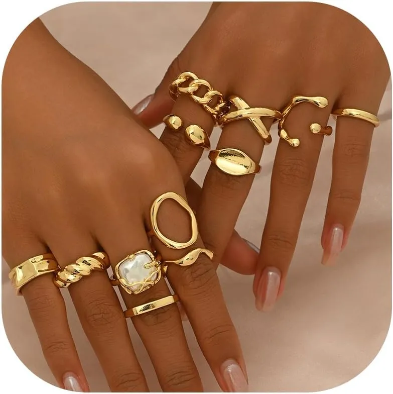 Chunky Gold Rings for Women Non Tarnish Statement Stackable Rings Set Adjustable Boho Pearl Flower Gemstone Joint Finger Midi Knuckle Ring Pack Jewelry Gifts Trendy Stuff