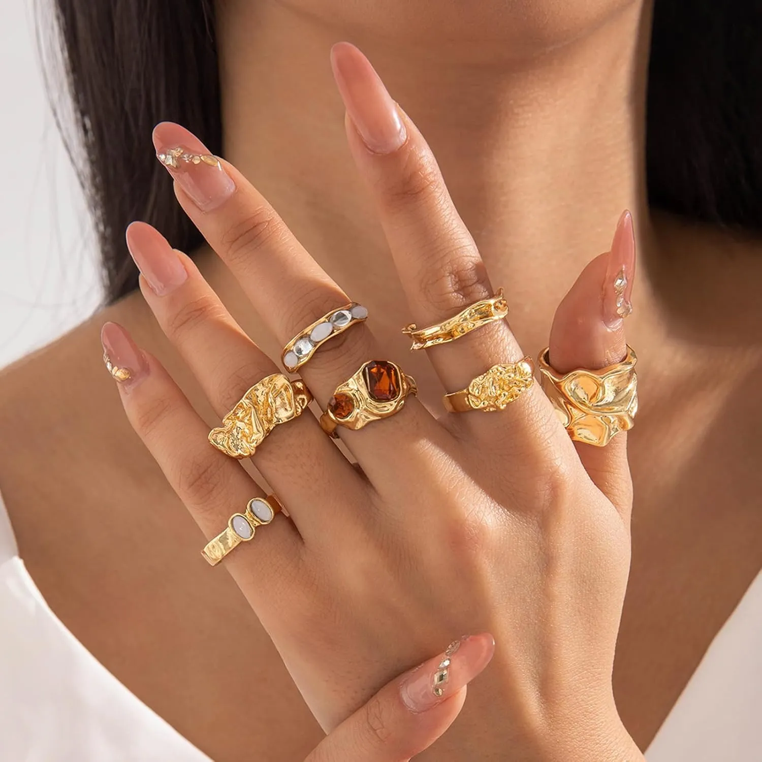 Chunky Gold Rings for Women Non Tarnish Statement Stackable Rings Set Adjustable Boho Pearl Flower Gemstone Joint Finger Midi Knuckle Ring Pack Jewelry Gifts Trendy Stuff