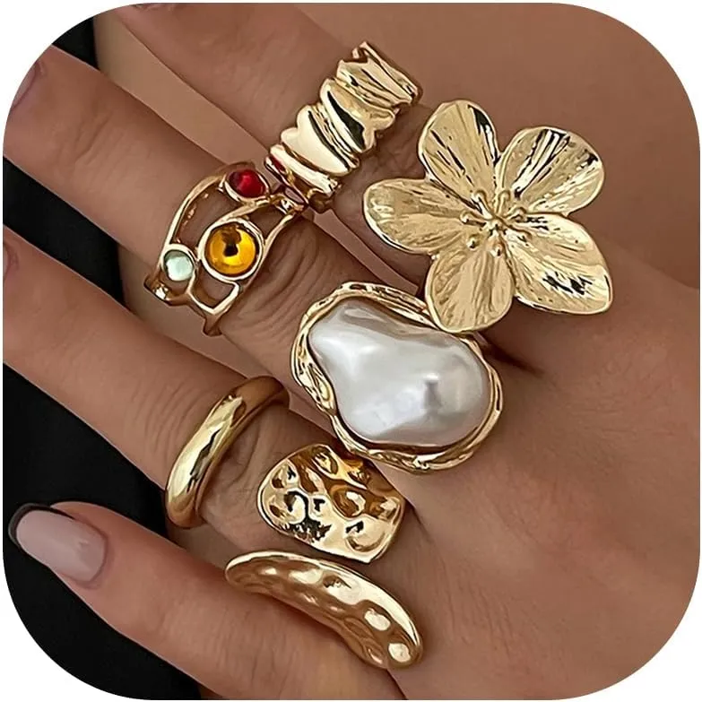 Chunky Gold Rings for Women Non Tarnish Statement Stackable Rings Set Adjustable Boho Pearl Flower Gemstone Joint Finger Midi Knuckle Ring Pack Jewelry Gifts Trendy Stuff