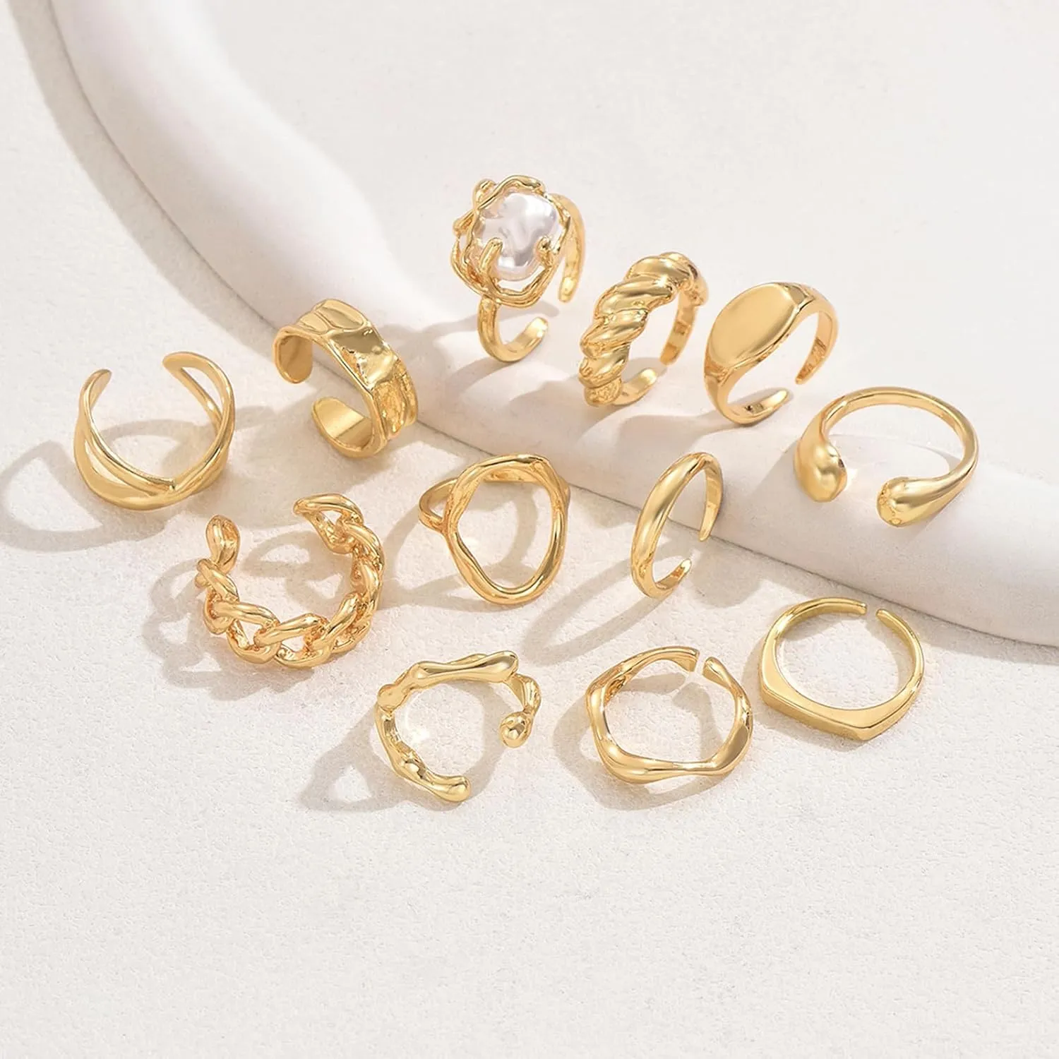 Chunky Gold Rings for Women Non Tarnish Statement Stackable Rings Set Adjustable Boho Pearl Flower Gemstone Joint Finger Midi Knuckle Ring Pack Jewelry Gifts Trendy Stuff