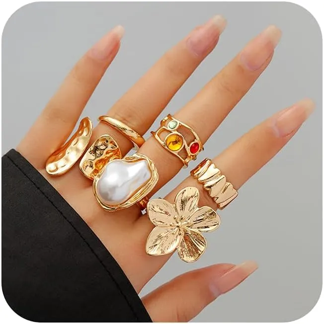 Chunky Gold Silver Rings Set for Women Vintage Knuckle Statement Rings Stacking Flower Crystal Baroque Pearl Ring Adjustable Open Band Ring Statement Jewelry Gifts