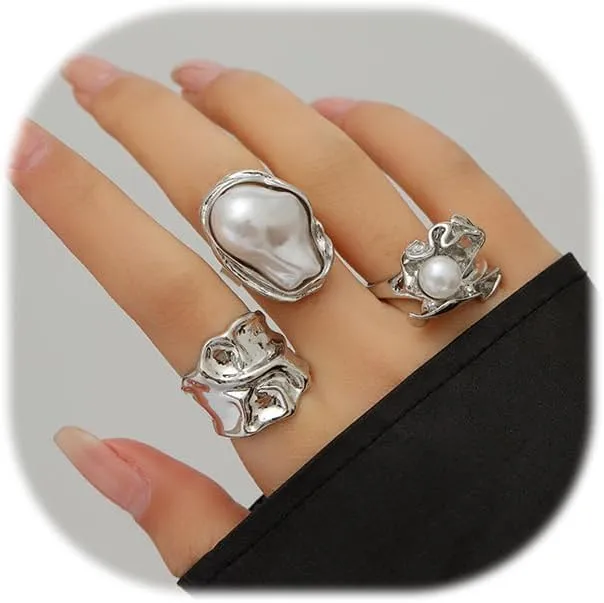 Chunky Knuckle Rings for Women Chunky Gold Ring Set Crystal Stacking Rings Flower Pearl Statement Rings Adjustable Pearl Finger Ring Set
