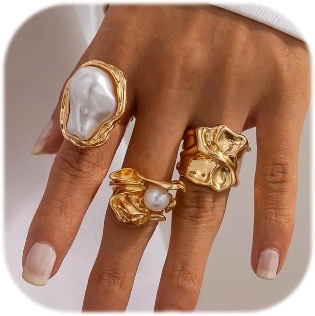 Chunky Knuckle Rings for Women Chunky Gold Ring Set Crystal Stacking Rings Flower Pearl Statement Rings Adjustable Pearl Finger Ring Set