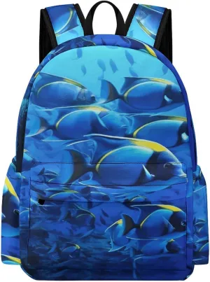 Classical Travel Backpack,Blue Fishes Ocean Print Personal Item Backpack,Spacious And Durable Backpacks for Work And Travel