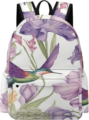 Classical Travel Backpack,Hummingbirds Irises Flowers Print Personal Item Backpack,Spacious And Durable Backpacks for Work And Travel