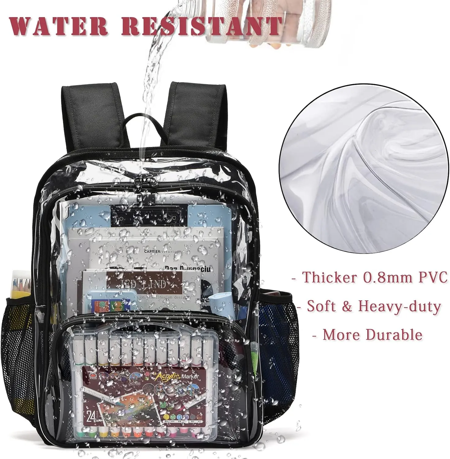 Clear Backpack, 15'' Clear Backpacks for School Heavy Duty See Through Bookbag Multi-pocket PVC Backpack for Men Women, Blue