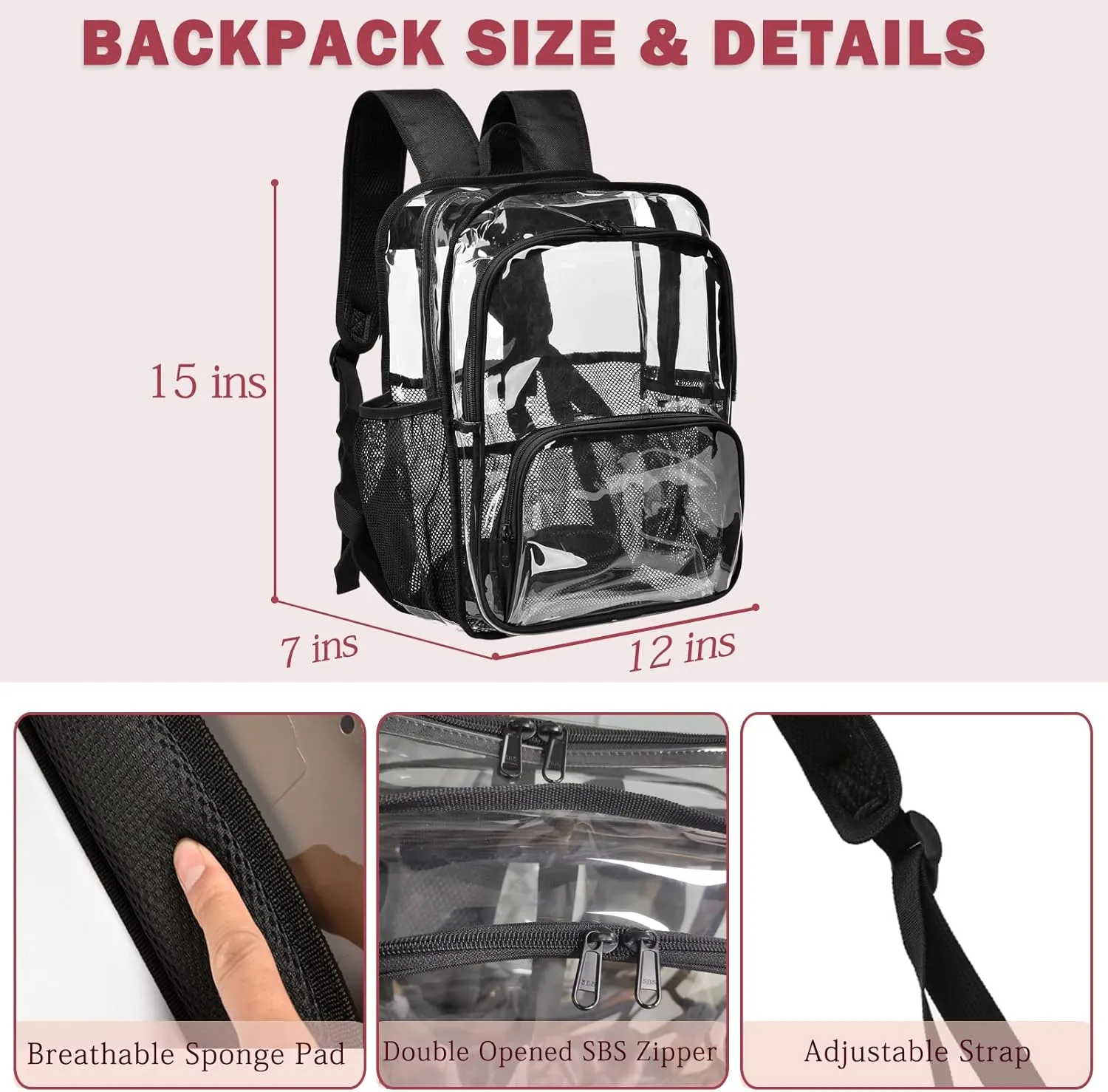 Clear Backpack, 15'' Clear Backpacks for School Heavy Duty See Through Bookbag Multi-pocket PVC Backpack for Men Women, Blue