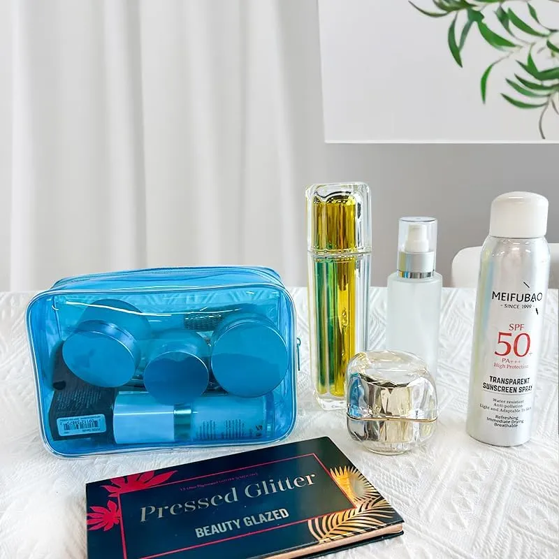 Clear Small Makeup Pouch Bag, 7"x2.3"x4.7" Size TSA Approved Toiletry Bag, Bark Blue Pvc Travel Bags for Toiletries,Transparent Cosmetic Bag for Women and Men Small (Bark Blue)