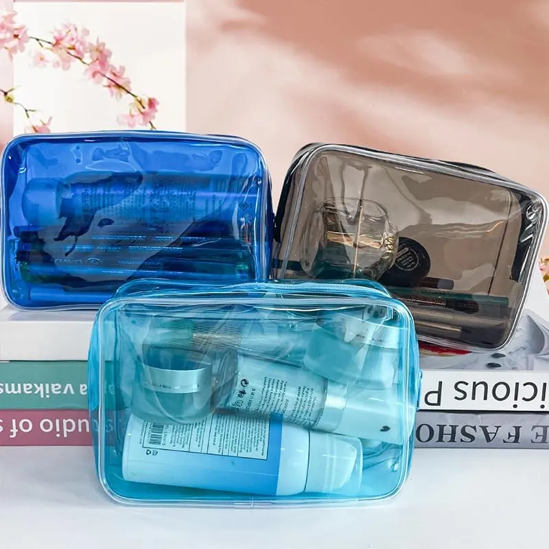 Clear Small Makeup Pouch Bag, 7"x2.3"x4.7" Size TSA Approved Toiletry Bag, Bark Blue Pvc Travel Bags for Toiletries,Transparent Cosmetic Bag for Women and Men Small (Bark Blue)