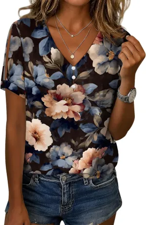 Cold Shoulder Casual Tops for Women Button Boho Floral Printed V-Neck Vintage Short Sleeve Summer T Shirts