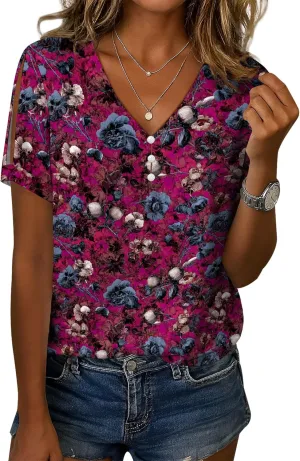 Cold Shoulder Casual Tops for Women Button Boho Floral Printed V-Neck Vintage Short Sleeve Summer T Shirts
