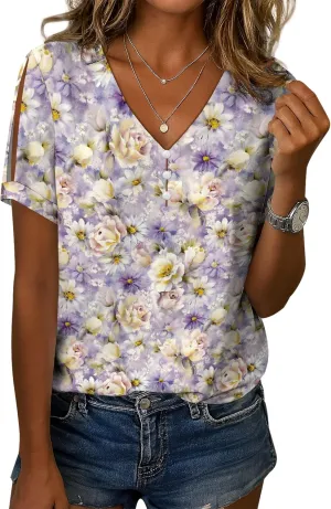 Cold Shoulder Casual Tops for Women Button Boho Floral Printed V-Neck Vintage Short Sleeve Summer T Shirts