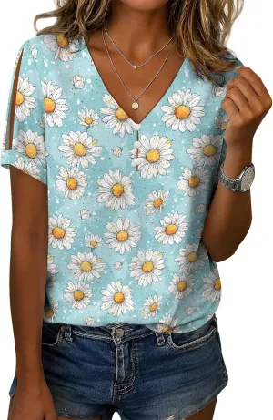 Cold Shoulder Casual Tops for Women Button Boho Floral Printed V-Neck Vintage Short Sleeve Summer T Shirts