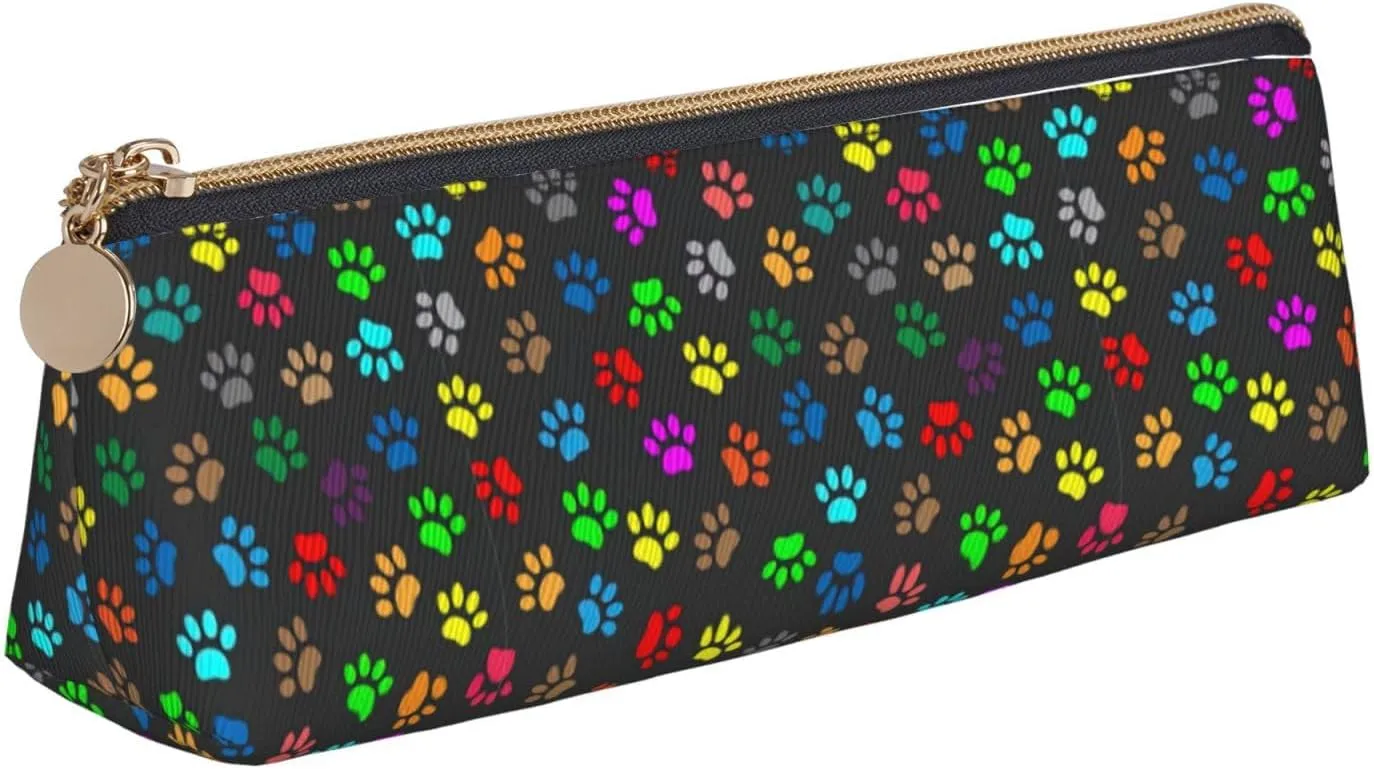 Colorful Dog Paw Print Black Triangle Leather Case Multi Functional Cosmetic Bag Portable Makeup and Stationery Storage Bag 