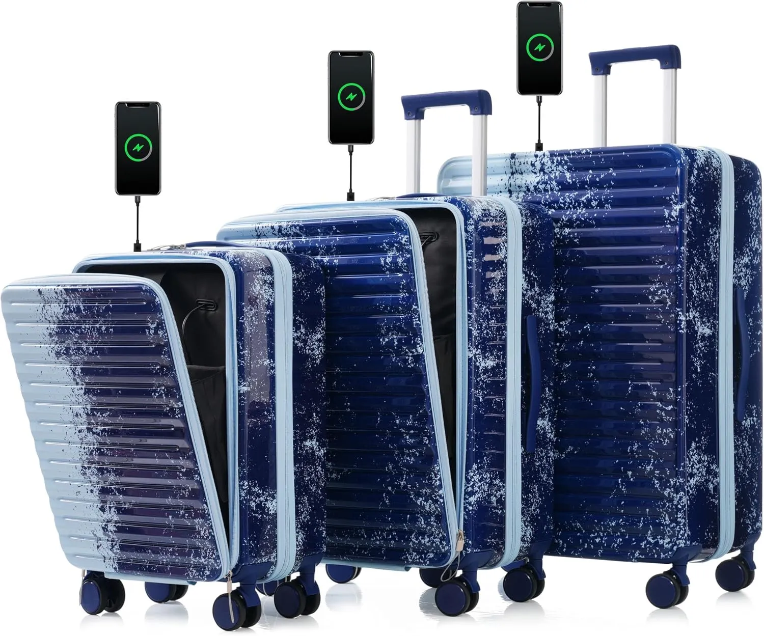 Convenient Travel with 3-Piece Hard Shell Luggage Set, USB Interface, Cup Holder, Gradient Blue