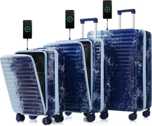 Convenient Travel with 3-Piece Hard Shell Luggage Set, USB Interface, Cup Holder, Gradient Blue