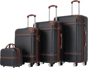 Convenient Travel with 4-Piece Hardshell Luggage Set, Lightweight ABS Material, Includes Spinner Suitcases and Cosmetic Case, Black