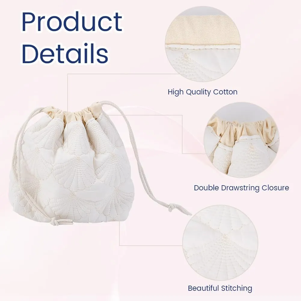 CREATCABIN Drawstring Makeup Bag Cotton Travel Toiletry Bag White Makeup Organizer Case Quilted Cosmetic Bag Pouch Purse Essentials Bag Portable Storage Clutch Bags for Women 3.5x7x9.7inch