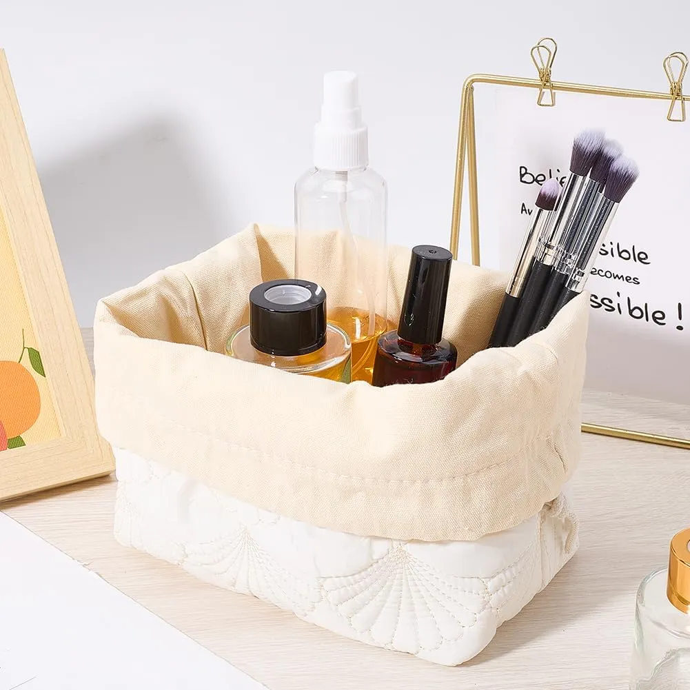 CREATCABIN Drawstring Makeup Bag Cotton Travel Toiletry Bag White Makeup Organizer Case Quilted Cosmetic Bag Pouch Purse Essentials Bag Portable Storage Clutch Bags for Women 3.5x7x9.7inch