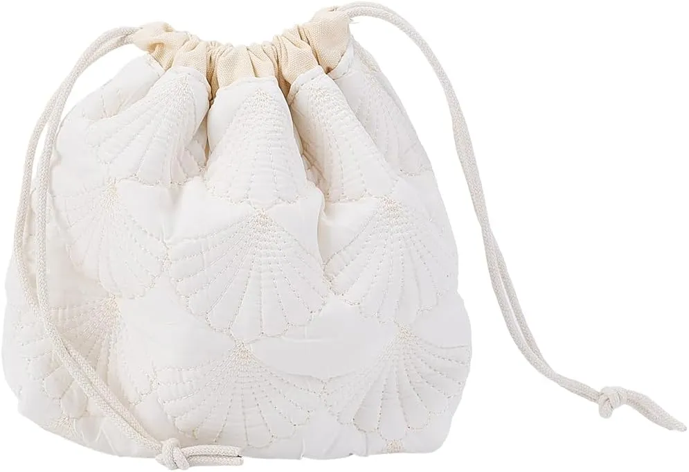 CREATCABIN Drawstring Makeup Bag Cotton Travel Toiletry Bag White Makeup Organizer Case Quilted Cosmetic Bag Pouch Purse Essentials Bag Portable Storage Clutch Bags for Women 3.5x7x9.7inch