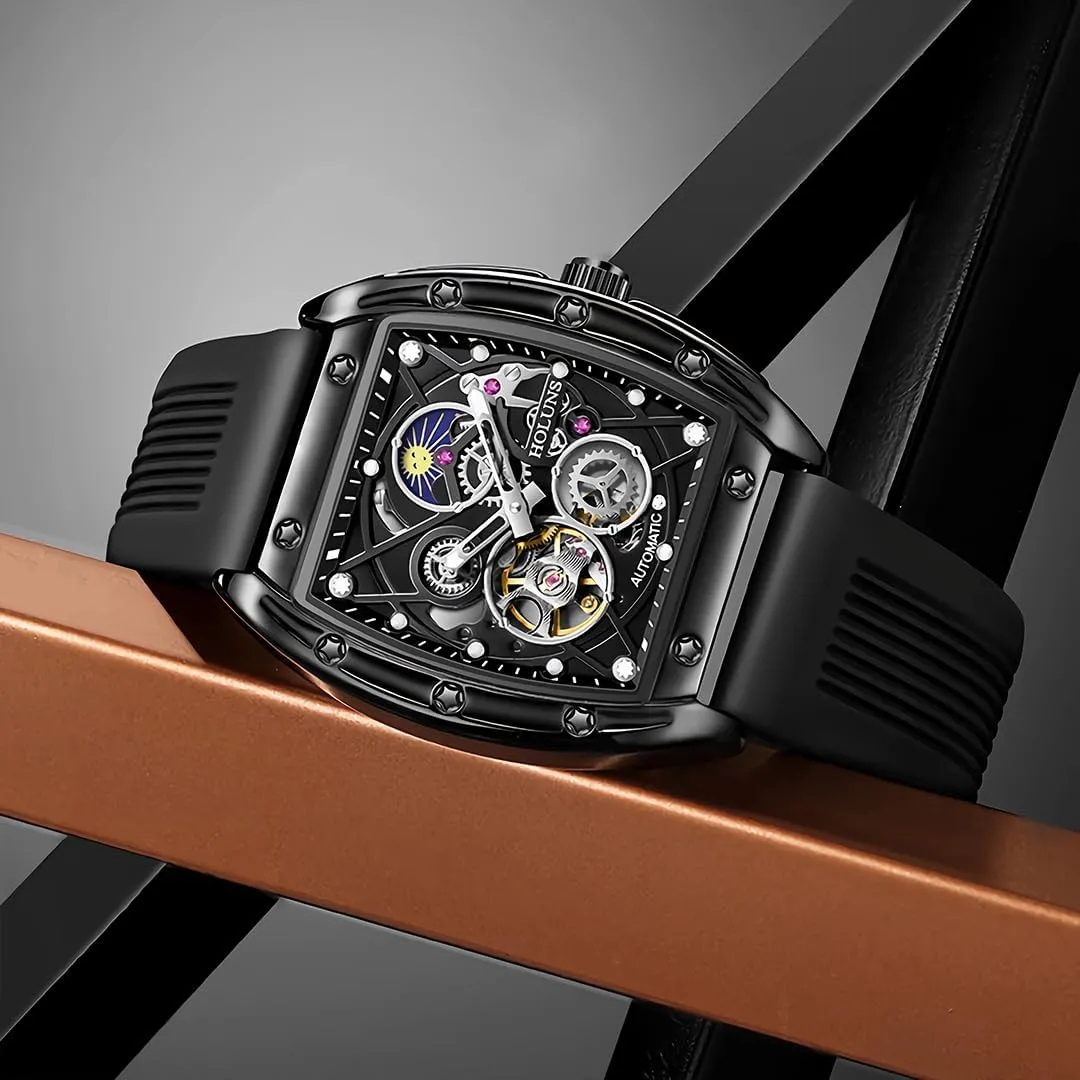 Creative Wine Barrel Type Fully Automatic Mechanical Watch, Waterproof Moon Phase Display, Tourbillon Hollow Men's Mechanical Watch, Fashionable Business Watch