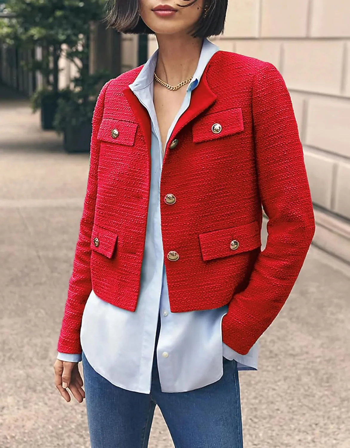 Cropped Tweed Blazer Jackets for Women Elegant Slim Collarless Business Casual Outfits Spring Jackets