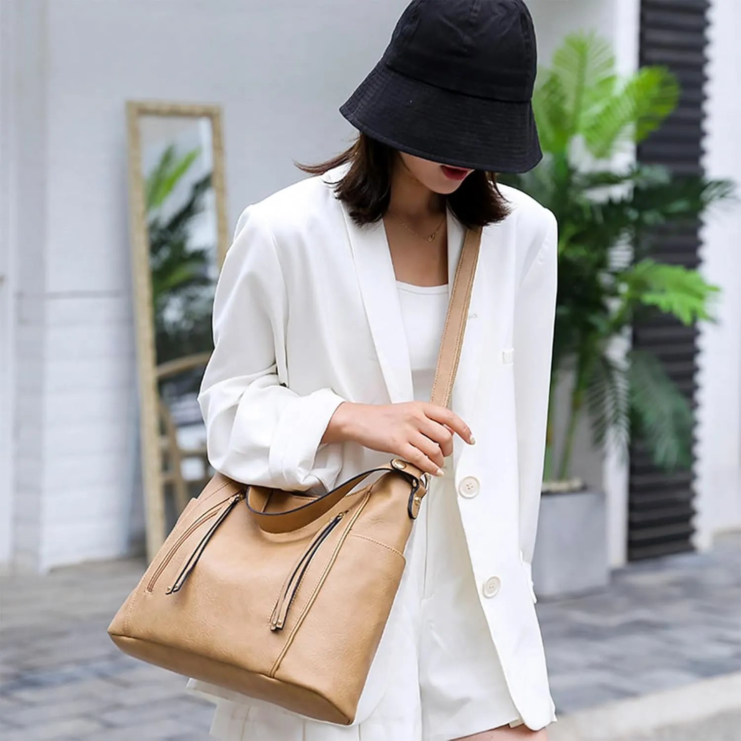 Crossbody Purses for Women Trendy Vegan Leather Anti-Theft Hobo Shoulder Purse with 2PCS Detachable Strap (Khaki)