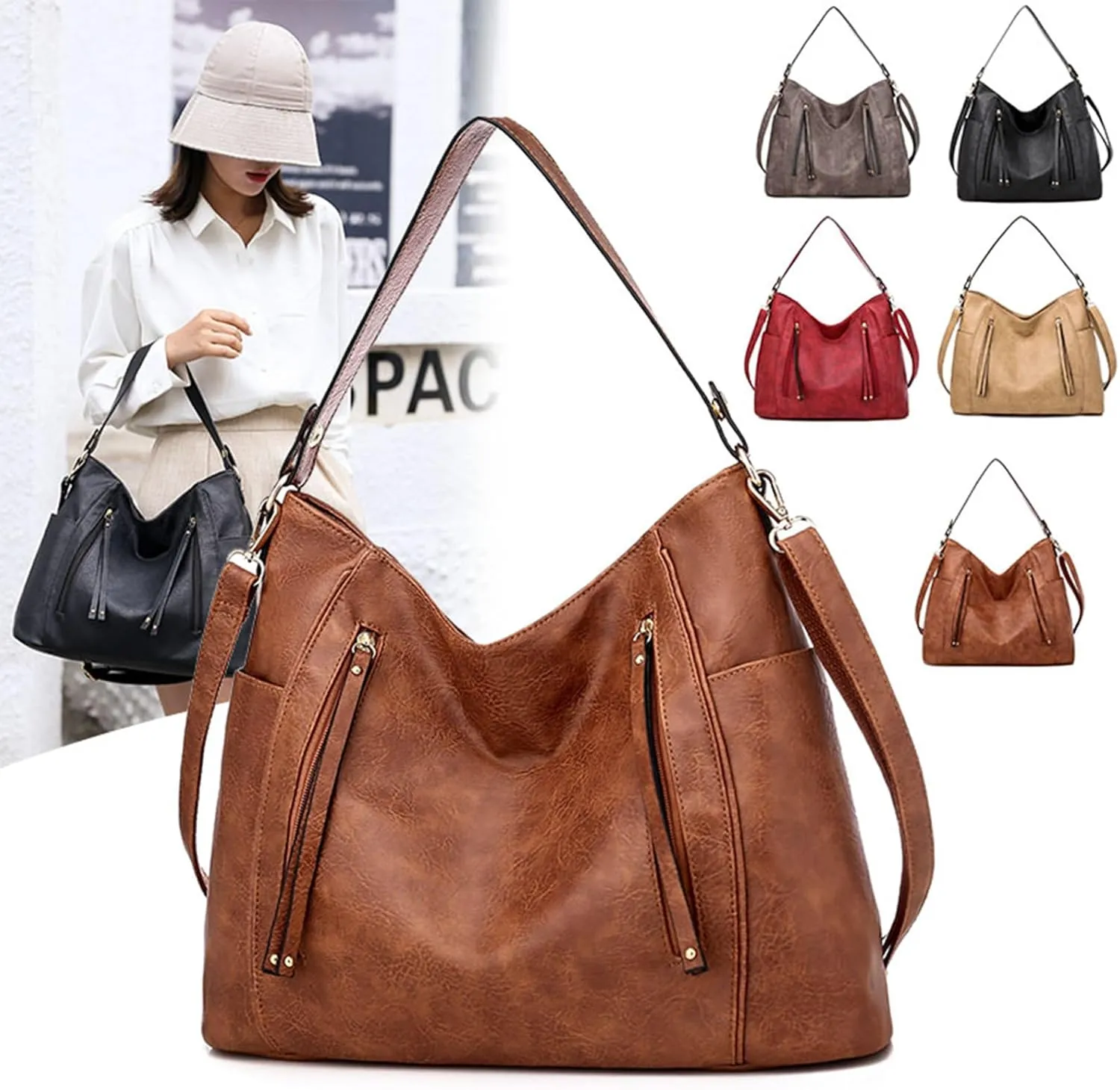 Crossbody Purses for Women Trendy Vegan Leather Anti-Theft Hobo Shoulder Purse with 2PCS Detachable Strap (Khaki)