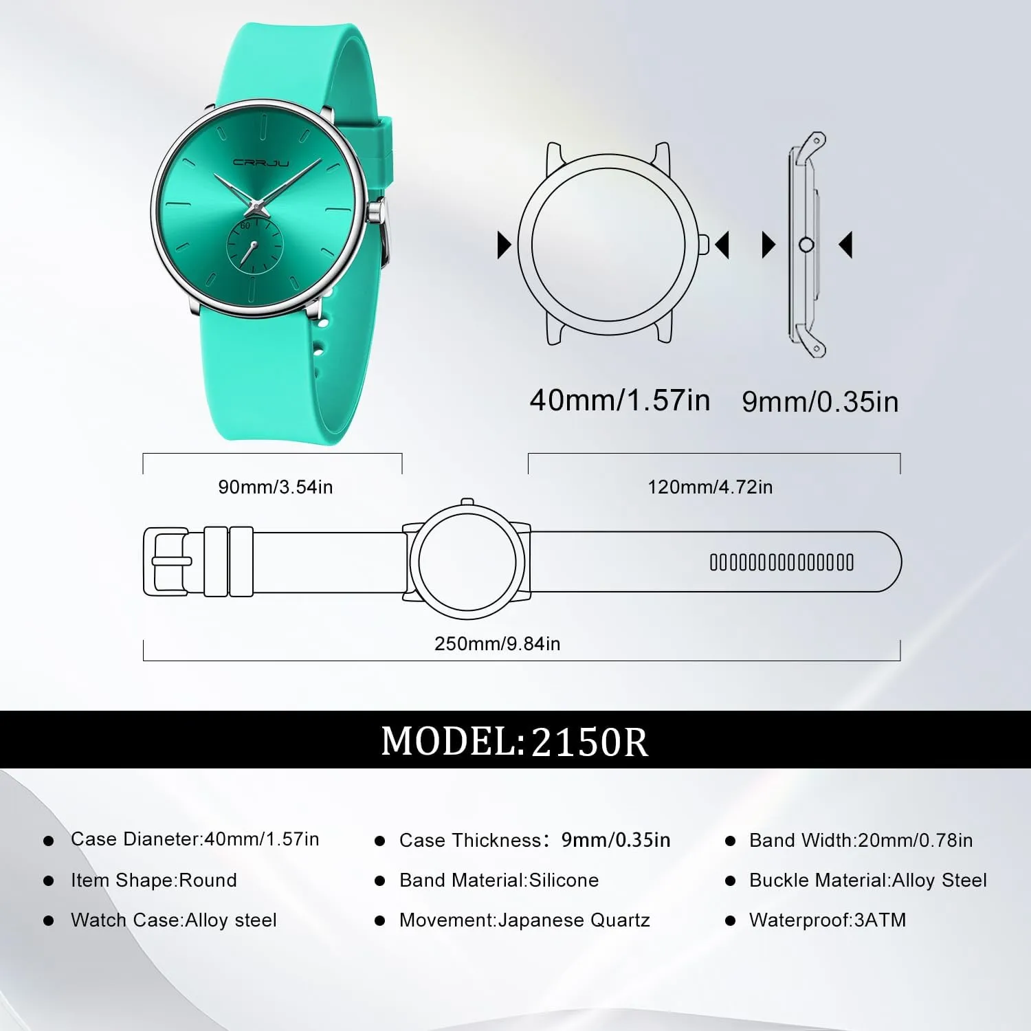 CRRJU Mens Casual Stylish Waterproof Quartz Wristwatches, Ultra Thin Second Hand Watches for Men, Colorful Silicone Band