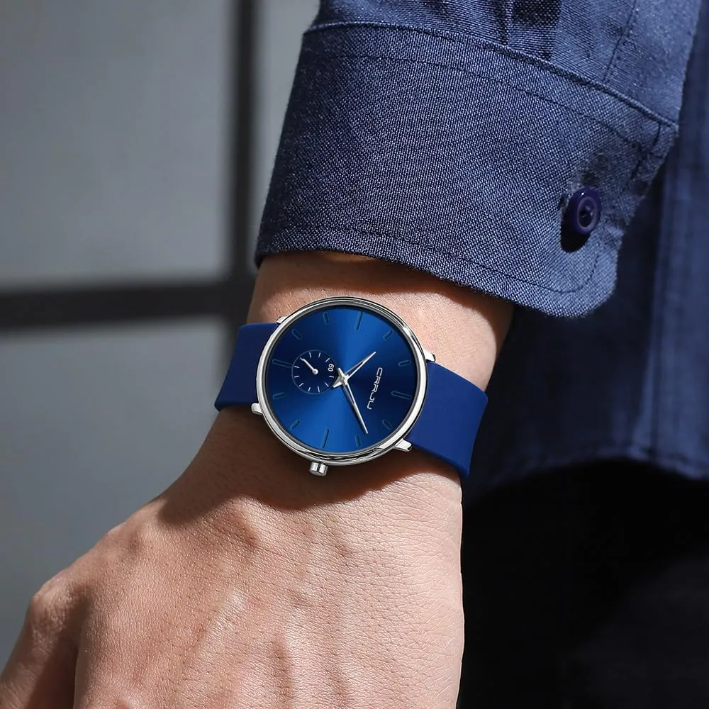 CRRJU Mens Casual Stylish Waterproof Quartz Wristwatches, Ultra Thin Second Hand Watches for Men, Colorful Silicone Band
