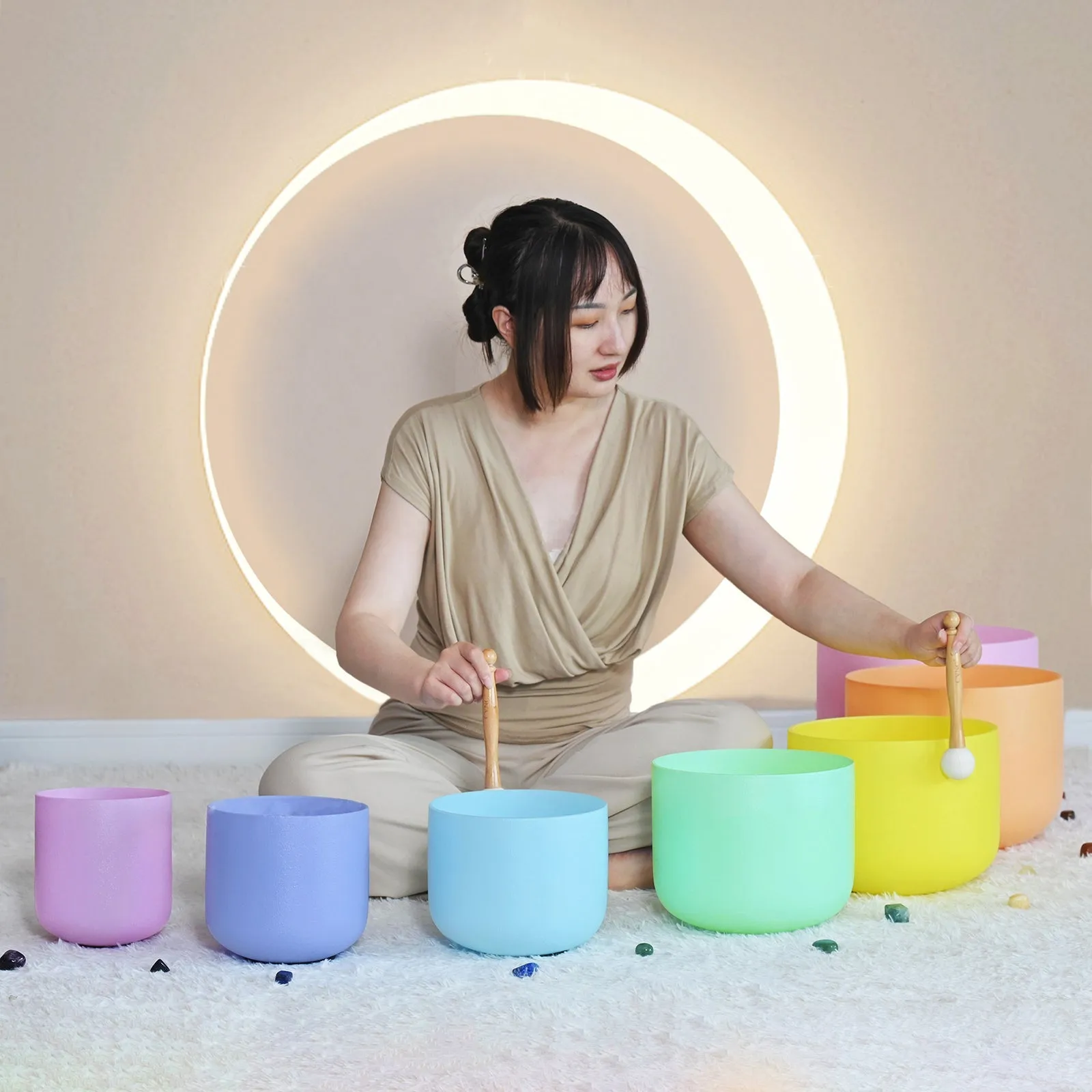 Crystal singing bowl set of 7 in pastels - for Chakra meditation 6-12"