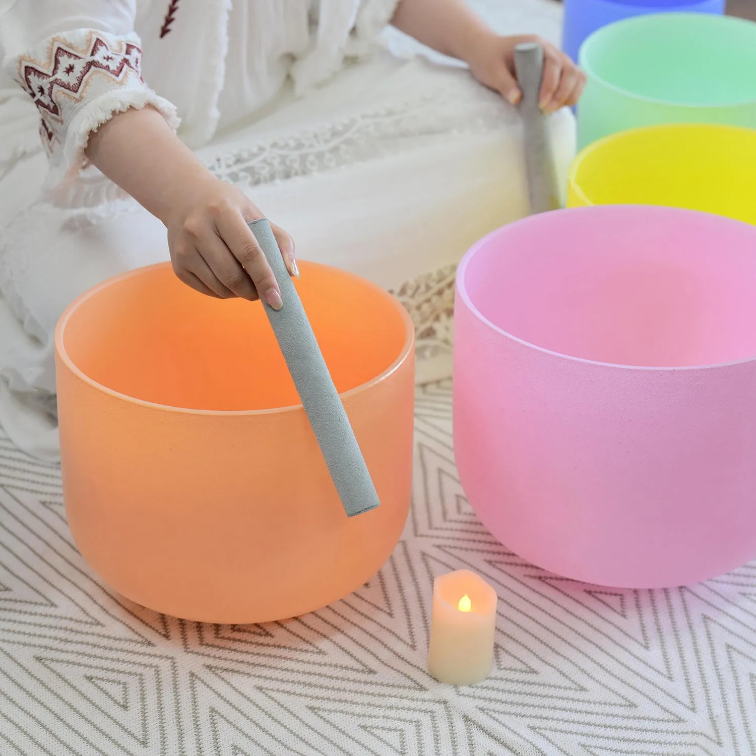 Crystal singing bowl set of 7 in pastels - for Chakra meditation 6-12"