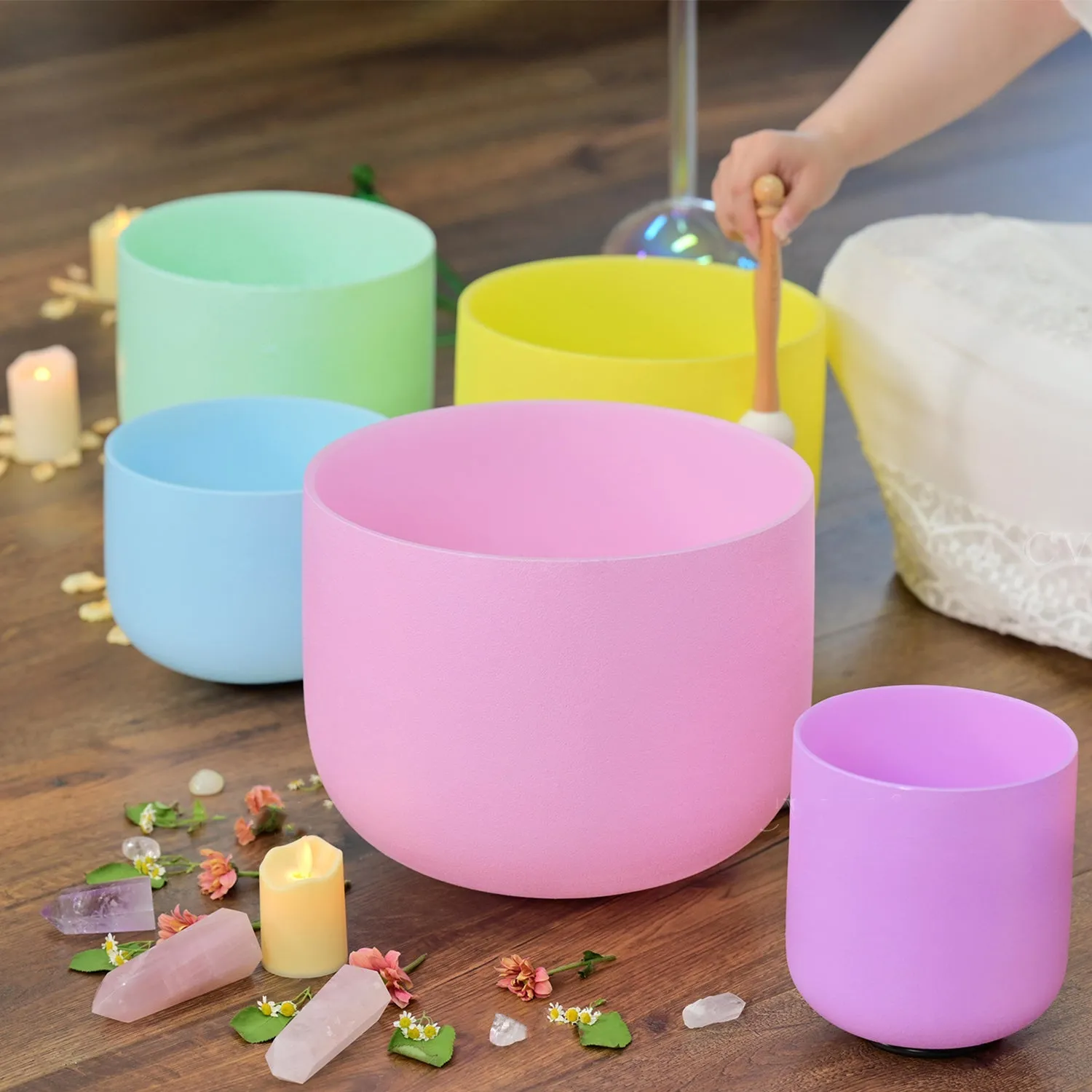 Crystal singing bowl set of 7 in pastels - for Chakra meditation 6-12"