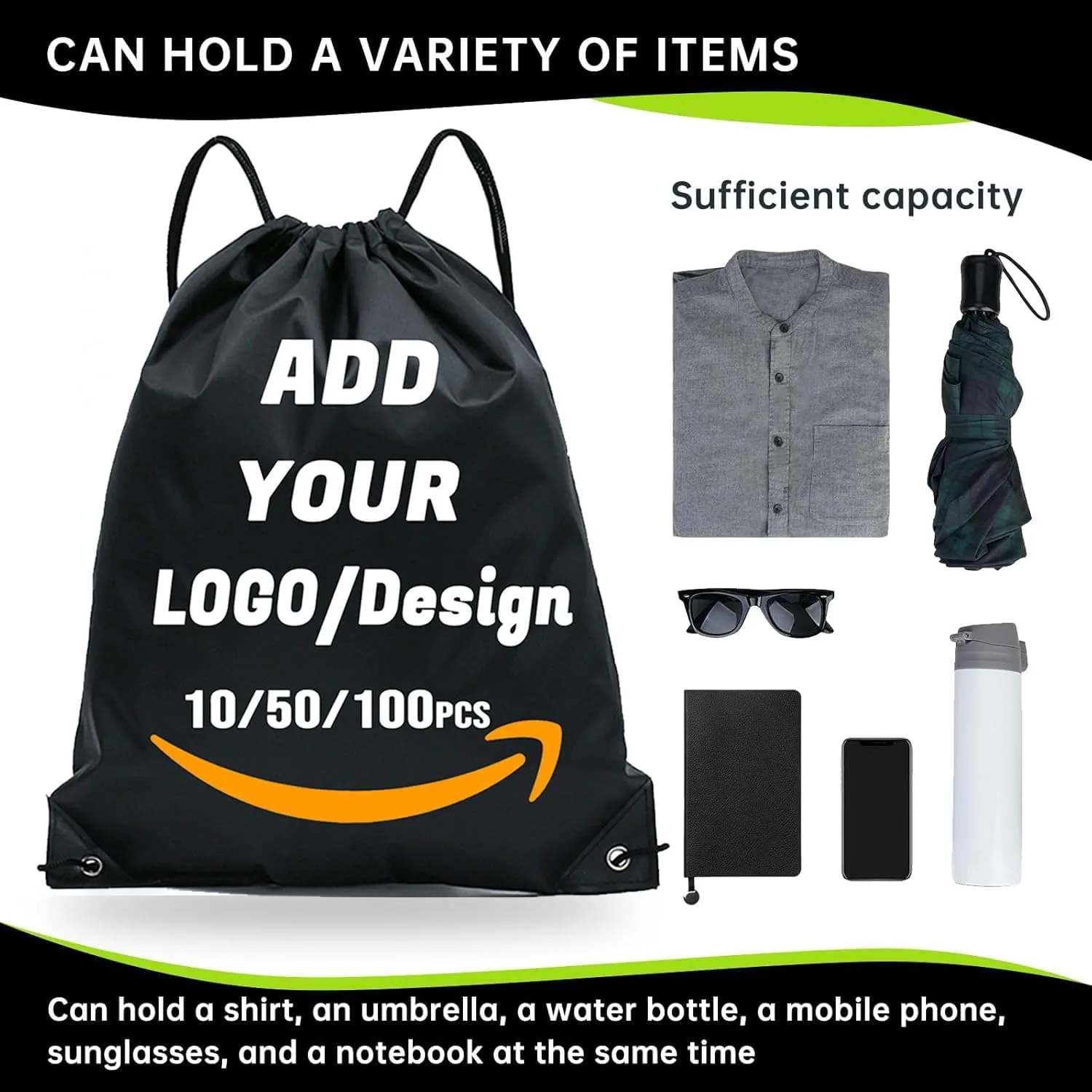 Custom Drawstring Backpack 10/50/100/200 Pcs Personalized Bulk Sport Draw String Bags with Logo, Text, Design, Customized Promotional Items Black