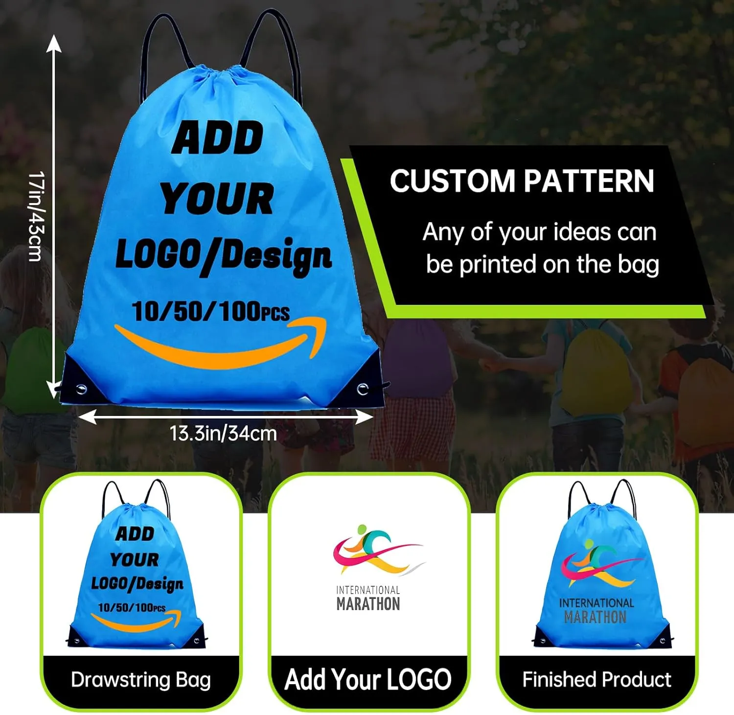 Custom Drawstring Backpack 10/50/100/200 Pcs Personalized Bulk Sport Draw String Bags with Logo, Text, Design, Customized Promotional Items Dodge Blue