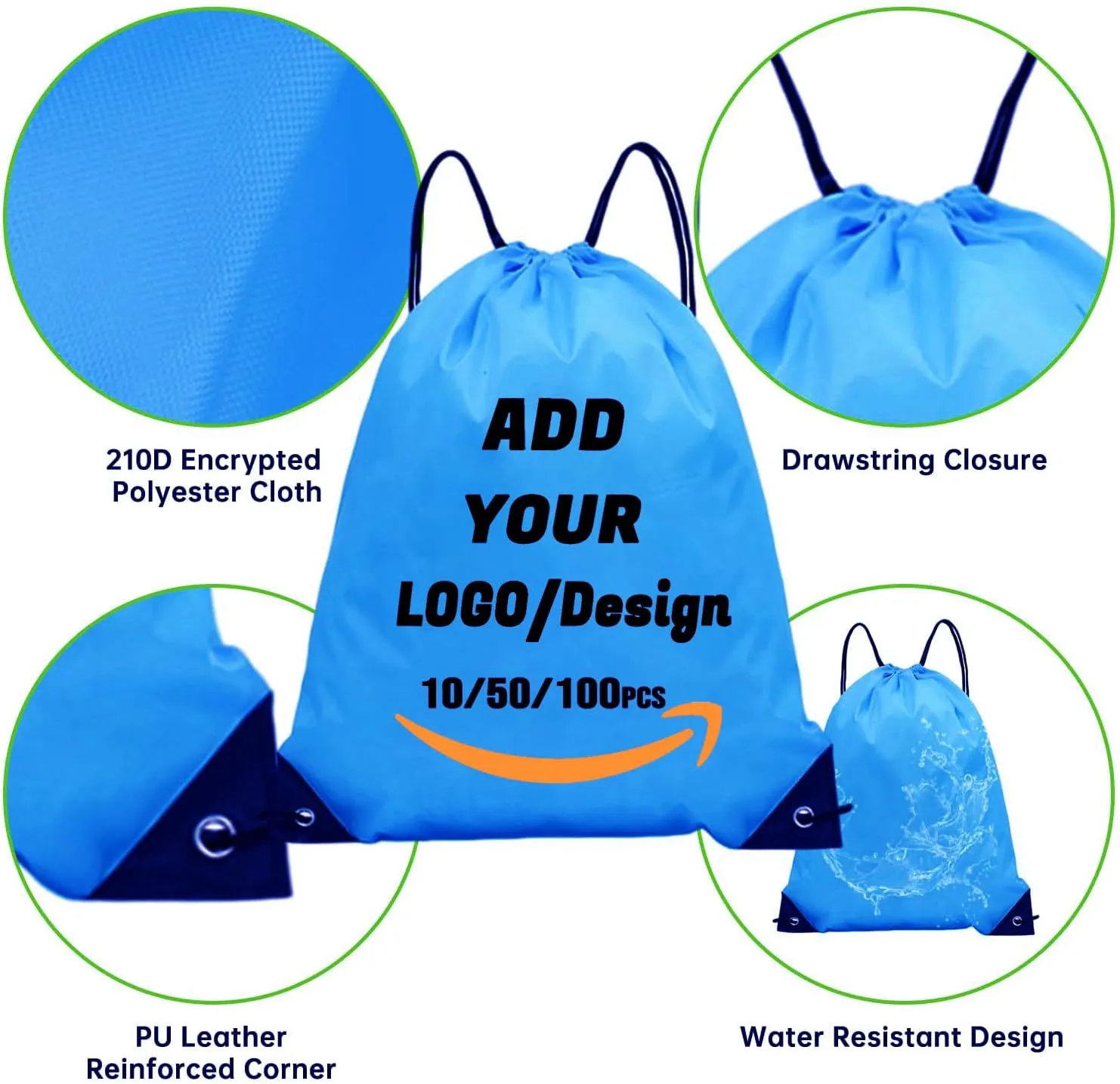 Custom Drawstring Backpack 10/50/100/200 Pcs Personalized Bulk Sport Draw String Bags with Logo, Text, Design, Customized Promotional Items Dodge Blue