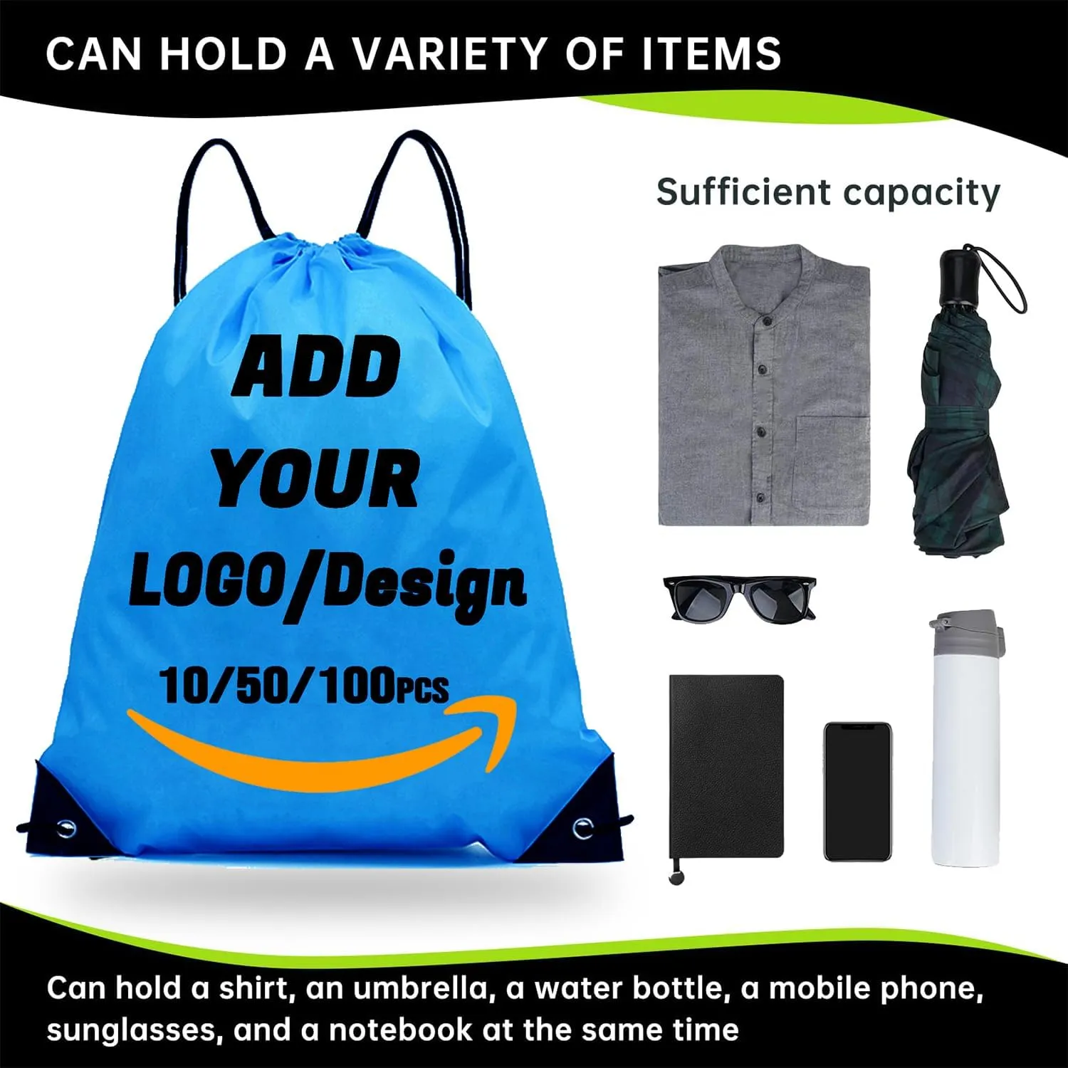 Custom Drawstring Backpack 10/50/100/200 Pcs Personalized Bulk Sport Draw String Bags with Logo, Text, Design, Customized Promotional Items Dodge Blue