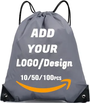 Custom Drawstring Backpack 10/50/100/200 Pcs Personalized Bulk Sport Draw String Bags with Logo, Text, Design, Customized Promotional Items Gray