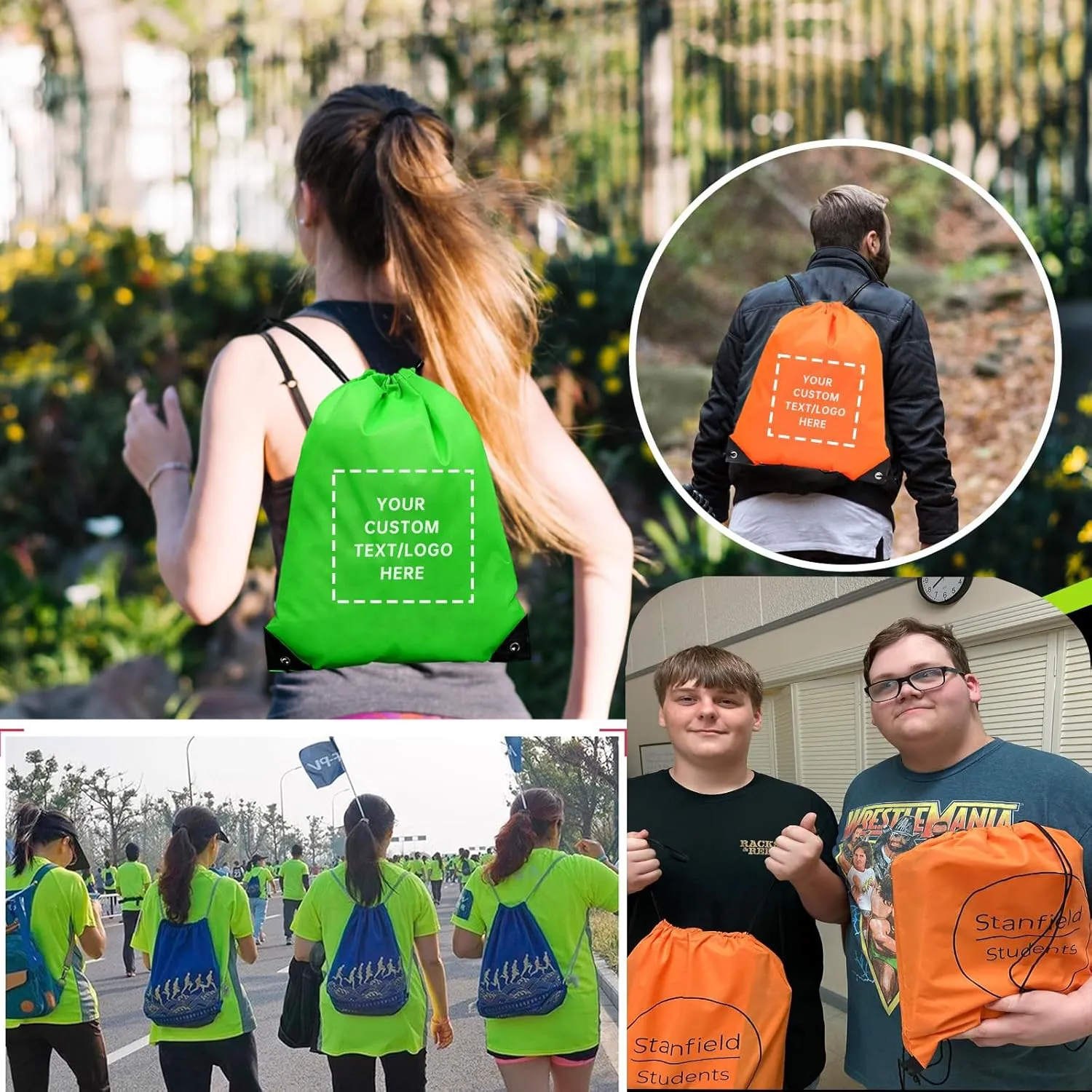 Custom Drawstring Backpack 10/50/100/200 Pcs Personalized Bulk Sport Draw String Bags with Logo, Text, Design, Customized Promotional Items Green