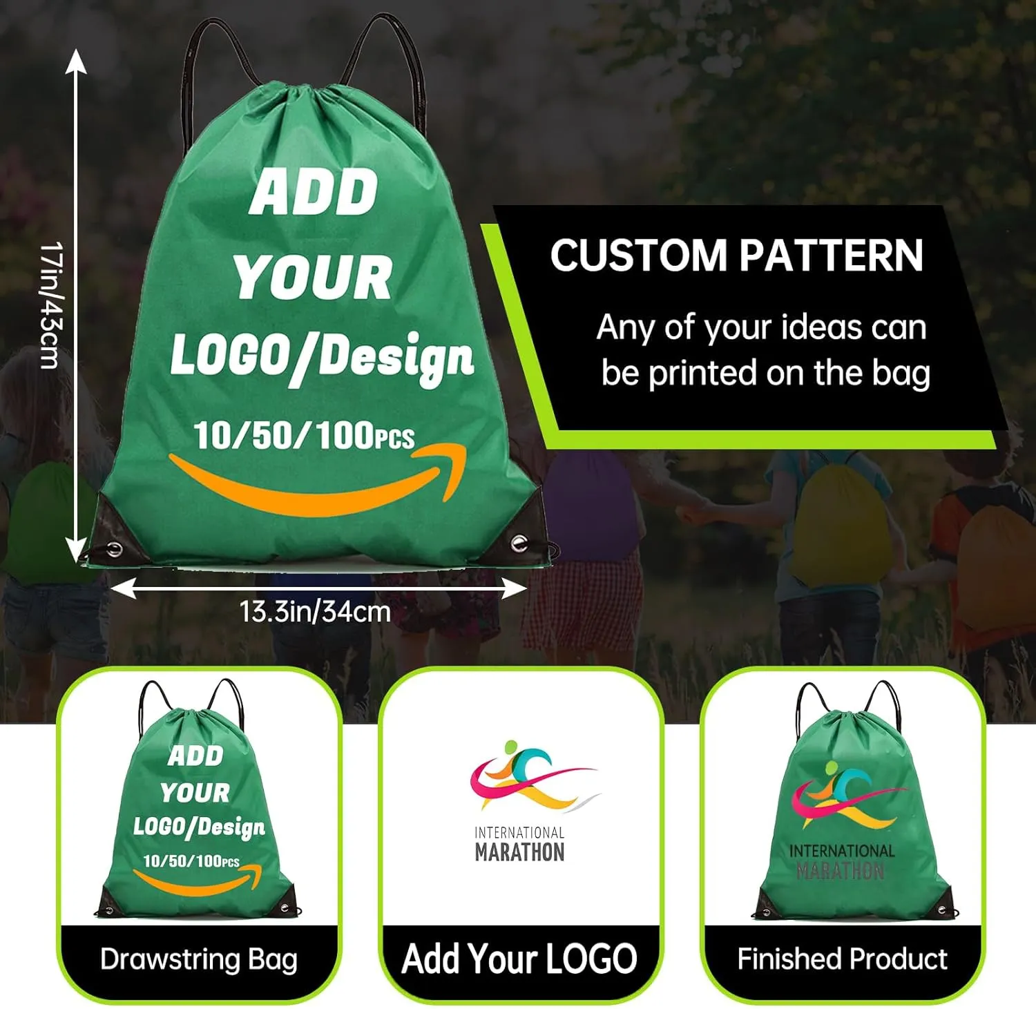 Custom Drawstring Backpack 10/50/100/200 Pcs Personalized Bulk Sport Draw String Bags with Logo, Text, Design, Customized Promotional Items Green