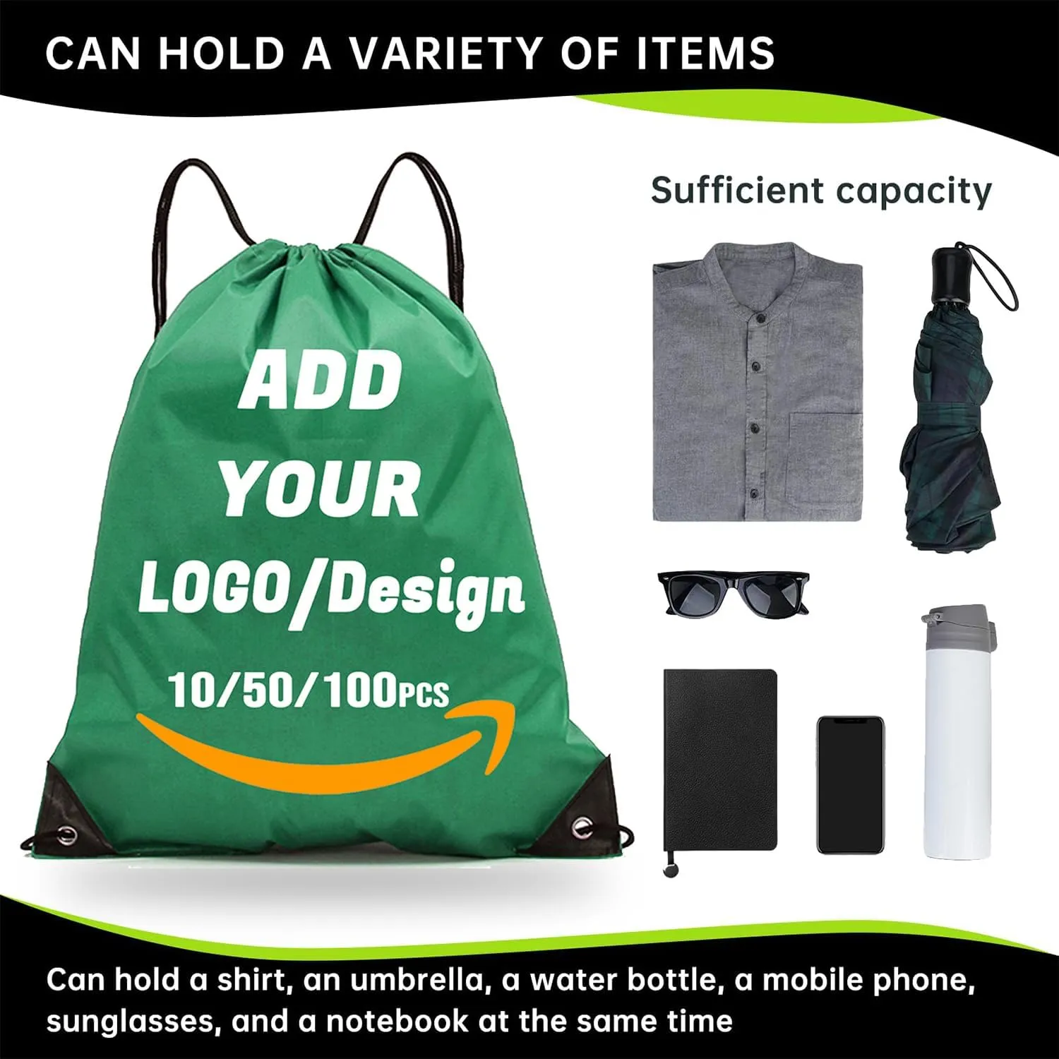 Custom Drawstring Backpack 10/50/100/200 Pcs Personalized Bulk Sport Draw String Bags with Logo, Text, Design, Customized Promotional Items Green