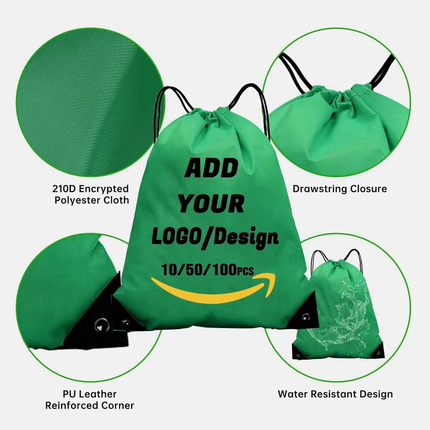 Custom Drawstring Backpack 10/50/100/200 Pcs Personalized Bulk Sport Draw String Bags with Logo, Text, Design, Customized Promotional Items Green