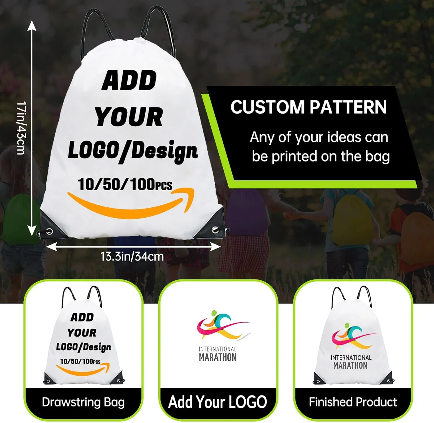 Custom Drawstring Backpack 10/50/100/200 Pcs Personalized Bulk Sport Draw String Bags with Logo, Text, Design, Customized Promotional Items White