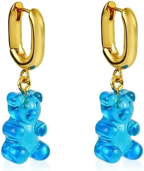 Cute Bear Earrings for Women 18k Gold Drop Earrings Dangle Blue Earrings