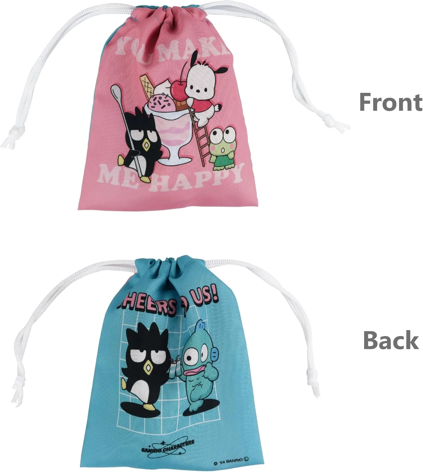Cute Kawaii Mini Drawstring Bag - Perfect for Travel Toiletries, Makeup, Coin Pouch, and Vacation Essentials -7.2 inches 1pc (Hanging-Yodon,Bad-Batz-Maroo, Pocahco-Dog-Pink&blue green)