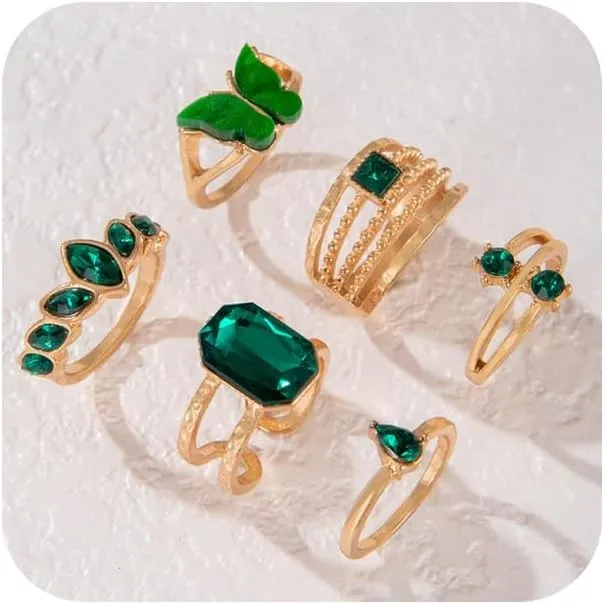 Dainty Gold Green Crystal Butterfly Square Rings Stacking Set Statement for Women, Vintage Cubic Zirconia Water Tear Drop Knuckle Ring Stackable Jewelry