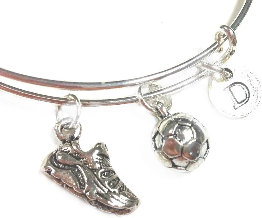 Deal Fashionista Sport Shoe & Soccer Ball Expandable Bangle Personalized Initial Bracelet