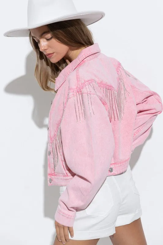 Denim Chevron Fringe Jacket (pink)