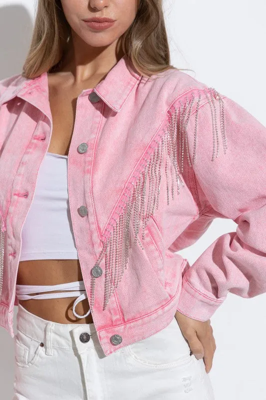 Denim Chevron Fringe Jacket (pink)